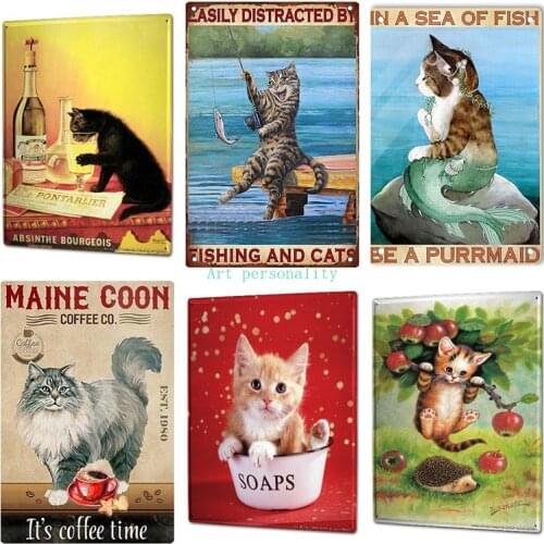 Metal Vintage Poster Bar Party Absinthe Funny Cat with Wine Wall Decoration Plaque for Homes Shops Cafe Cats Tin Sign 8x12inch