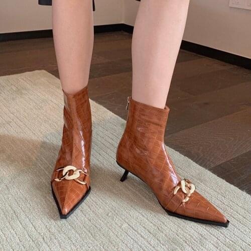 Fashion Women Pointed Toe Chelsea Booties Black/Brown/Blue Metal Chain Back Zipper Thin Mid Heels Winter Booties Woman Size 39