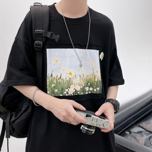 Fashion Graffiti Printed T Shirt Mens Summer Cotton Tshirt Japanese Casual T-shirts Men Streetwear Oversized Tees Yellow/Black