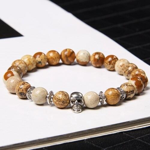 Fashion Men Natural Stones Skull Charm Bracelets Picture Map Jaspers African Turquoises For Women Personality Unique Style Gift