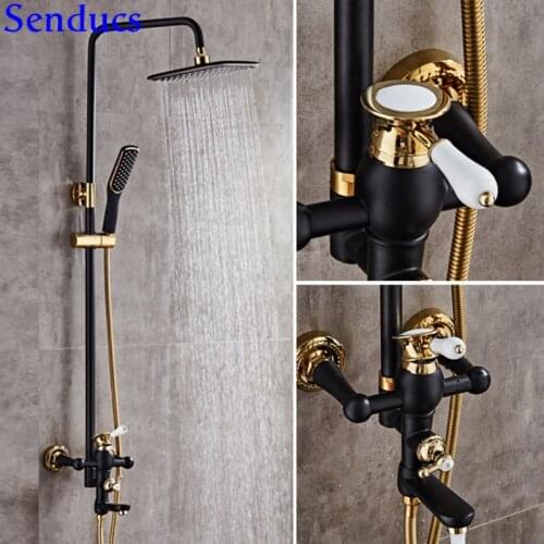 Senducs Black Gold Bathtub Shower Set With Quality Brass Digital Thermostatic Bathroom Shower System Of White Godl Shower Set