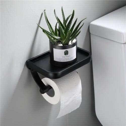 Wall Mounted Black Toilet Paper Holder Tissue Paper Holder Roll Holder With Phone Storage Shelf Bathroom Accessories