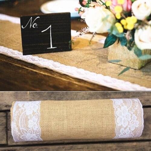 Newest 3pcs/lot Jute Table Runner White Lace Burlap Fabric For Wedding Chair Sashes Burlap Ribbon Hessian DIY Supply275cm*30cm