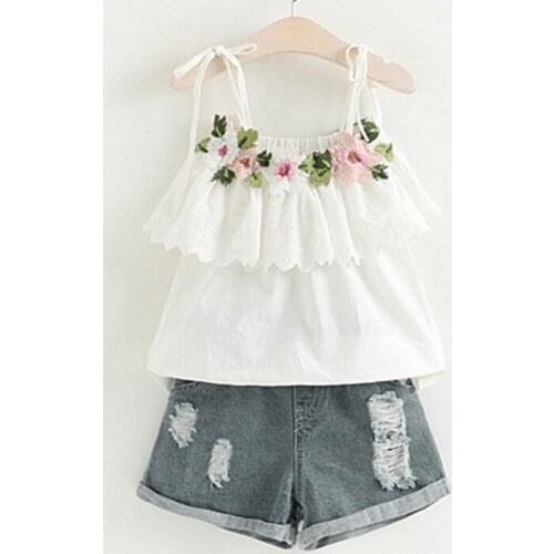 Toddler Kids Baby Girl Outfits Summer Sleeveless Embroidered T-shirt+Denim Shorts Jeans Set Children Clothing Girls Clothes Set