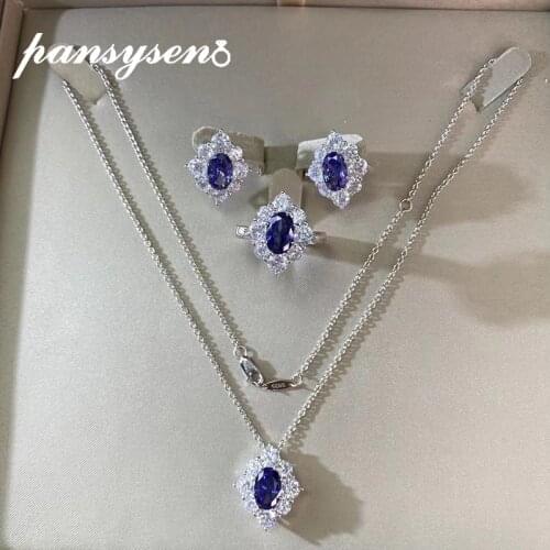 PANSYSEN Vintage 100% 925 Sterling Silver Created Moissanite Sapphire Gemstone Necklace/Earrings/Ring Bridal Fine Jewelry Sets