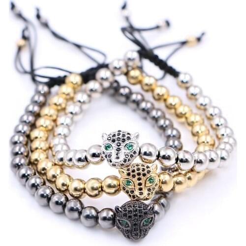 Mestylish Handwoven Brand Gold Round Beads Leopard Head Beads Braided Macrame European American Weaving Bracelets For Men