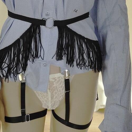 Black Tassel Garter Belt Body Cage Leg Stockings Bondage Body Harness Pole Dance Woman Pastel Goth Adjustable Garter