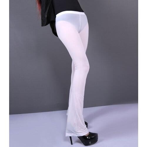 XL Plus Size Ice Silk Transparent Hot Exotic Flare Pants Pole Dance Clubwear Fitness Legging Sexy Black Leggings Women Trousers