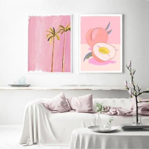 Nordic Pink Peach Poster Canvas Art Print Wall Pictures Beach Coconut Tree for Living Room Decoration HD Image