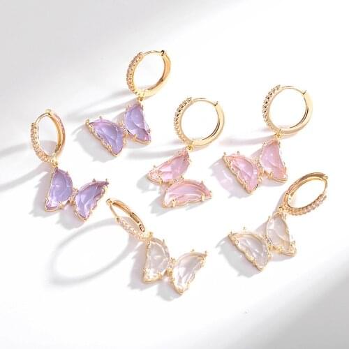 Glass Crystal Butterfly Earrings Cubic Zirconia Hook Gold Color Earrings For Women Red Purple Yellow Earring Fashion Jewelry
