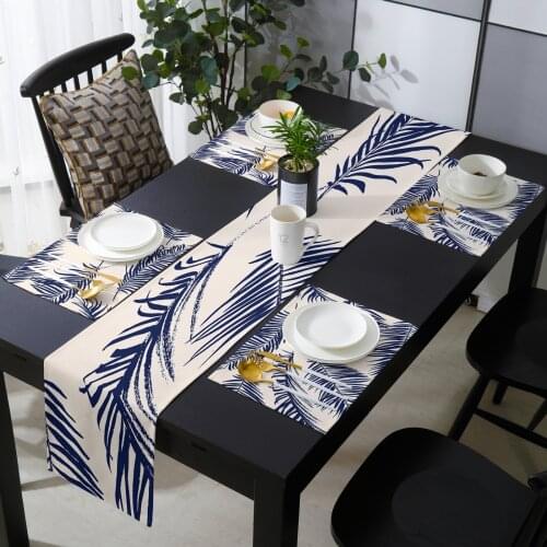 Tropical Leaves Plant Blue Table Runner and Placemat Set Wedding Table Decor Table Runner Christmas Decor Tablecloth