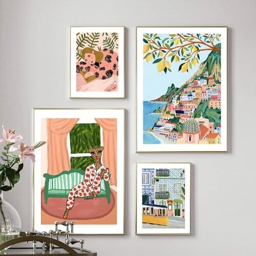 Tropical Jungle Plants Tiger Girl Wall Art Canvas Painting Nordic Travel City Posters Print Wall Pictures For Living Room Decor