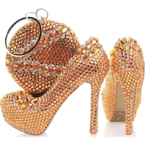 Womens Shoes 2021 Bridal Orange Crystal Wedding High Heels Platform Ladies Round Toe Thin Heels Party Shoes And Bag Set
