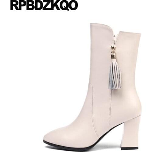 Women Boots Winter 2021 Genuine Leather Big Size Casual 10 Block Chunky Ankle High Heel Plus 41 Beige Pointed Toe Shoes Fringe