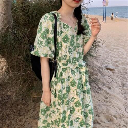Women Summer Green Long Floral Shirt Dress Sashes 2021 New V Neck Puff Sleeve Split Hem A-line Midi Sundress
