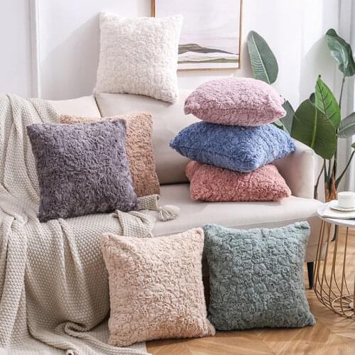 1pc Pure Color Plush Cushion Cover Double-sided Big Rabbit Fur Embossed Throw Pillowcase Sofa Bed Office Pillow Cases Home Decor