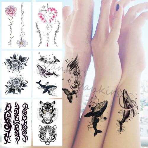 3D Black Whale Temporary Tattoos For Women Men Kids Realistic Daisy Tiger Watercolor Rose Flower Fake Tattoo Sticker Arm Tatoos
