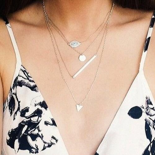 4 Pcs/Set Women Necklaces Set Simple Eye Round Piece Strip Triangle Clavicle Chain Gold Necklace Charm Party Female Jewelry