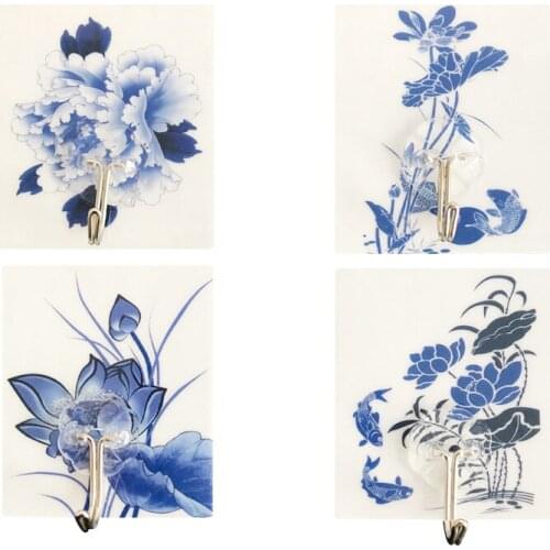 4pcs Kitchen Hook Transparent Seamless Hook Wall Hole-free Bathroom Kitchen Door Paste Hook Creative Printing Hook