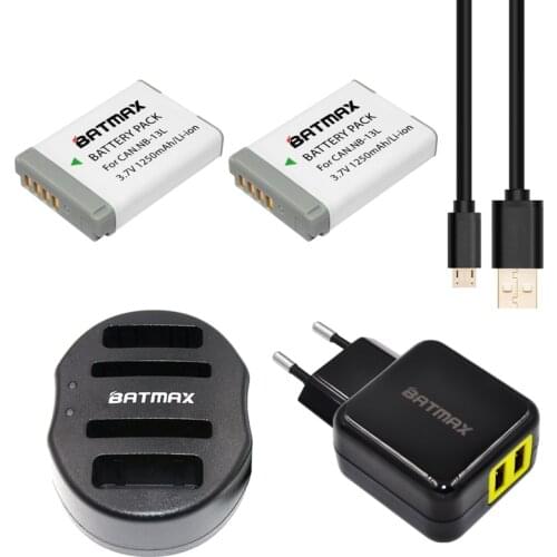 Batmax 2pcs NB-13L NB 13L NB13L Battery+USB 4-Port Charger for Canon PowerShot G5 X G5X G7 X G7X G9 X G9X + An EU/US AC Adapter