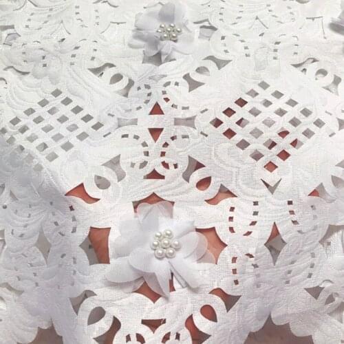 Free shipping (5yards/pc) high quality white African laser cut lace fabric with 3D flowers and beads for party dress CLP223