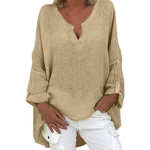 Long Sleeve Cotton Linen Blouses Shirts Button Solid Loose Female Tunic Casual V Neck Plus Size Cardigan Womens Blouses #T2G