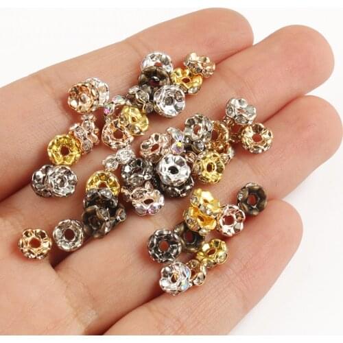 50pcs Rose Gold AB Rhinestone Metal Rondelles 4/6/8/10mm Crystal Loose Spacer Beads for Jewelry Making DIY Bracelet Accessories