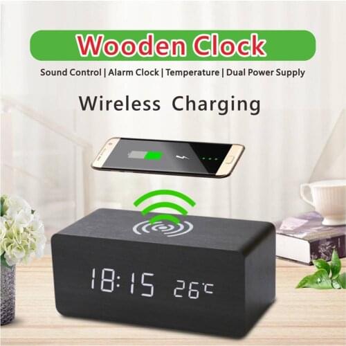 Wooden Digital LED Desktop Alarm Clock Voice Control USB/AAA Powered Electronic Table Clock With Thermometer Wireless Charging