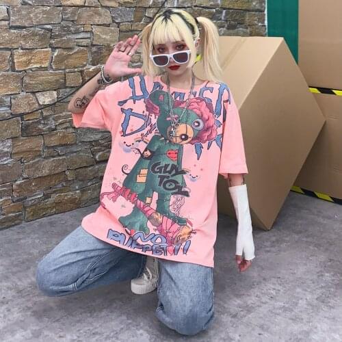 Japan Harajuku T shirt Women Oversized Tops Hip Hop Women Pink Tees Crayon Cute Bear T Shirt Cartoon Tshirt Streetwear Girl