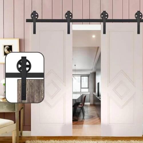HACCER 4-16FT Sliding Barn Door Hardware Big Spoke Wheel Slide Track Kit for Double Door Industrial Style