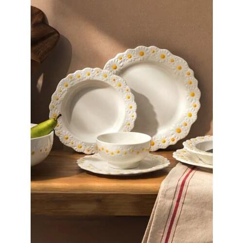 Ceramic Embossed Daisy Dinner Set Plate And Dishes Household Soup Bake Bowl Creative Crockery Tableware