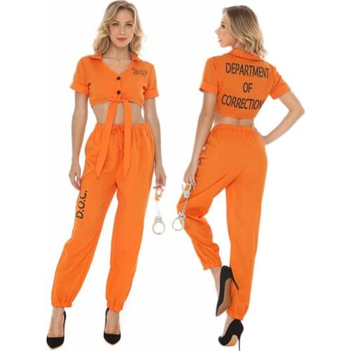 Halloween Party Cosplay Prison Prisoner Costumes Role Play Adult Womens Orange Street Hip Hop Split Prisoner Suit Costume