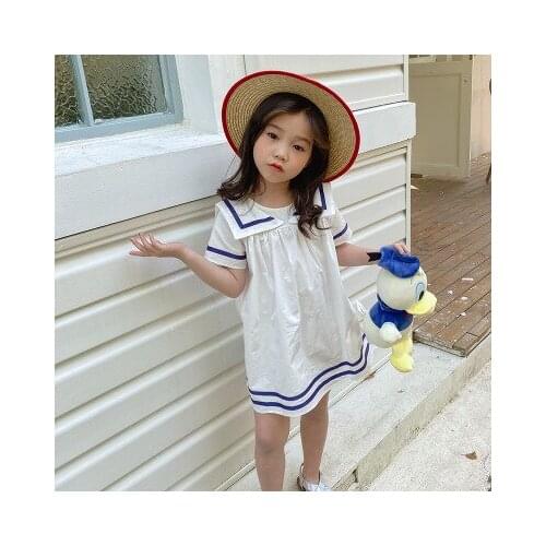 2020 Summer New Korean Girl Princess Dress Kids Dresses for Girls Toddler Cute Lovely Sailor Collar Cute Dress Baby Clothes 2-7Y
