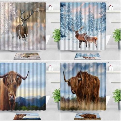 Elk Highland Cow Shower Curtains Bath Mats Set Wild Animal Deer Cattle Rural Snow Scenery Bathroom Carpet Door Pad Non-slip Rugs