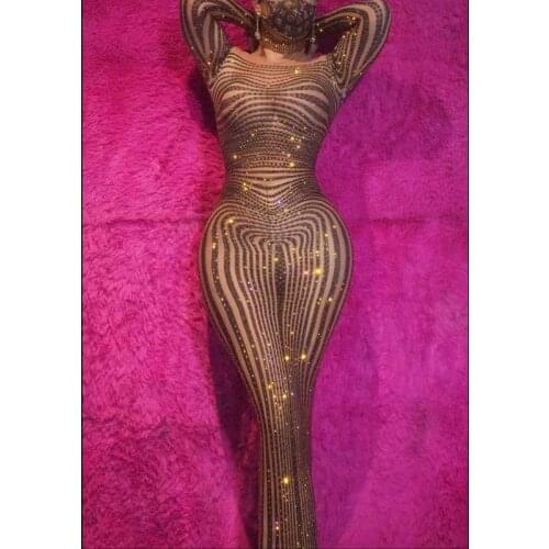 Flashing Rhinestone Transparent Long Dress Women Dancer Singer Bar Prom Costume Outfit Birthday Evening Show Dress