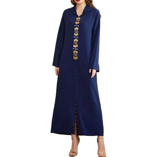 Riched Muslim Dress Beads Women 2021 Autumn Jellaba Kaftan Diamond Fashion Casual Hooded Split Long Sleeves Maxi Dresses