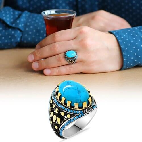 925 Sterling Silver Ring for Men Turquoise Stone Jewelry Fashion Vintage Gift Onyx Aqeq Mens Rings All Size