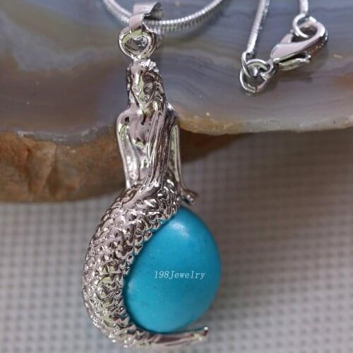 Natural Stone Mermaid Pendant Round Bead Blue Howlite Necklace Pendant E859