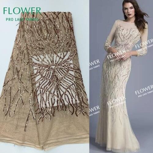 New ! Champagne Gold Sequined Embroidered African French Net Lace Fabrics 2020 High Quality Sequins Wedding Noble Lace Fabrics