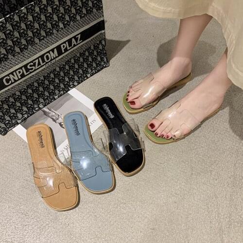 2021 Autumn New Womens Shoes Fashion Korean Style Transparent Jelly Slippers Flat Womens Square Slippers