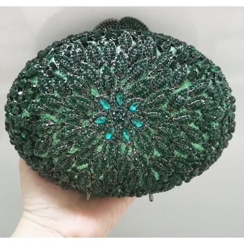 Oval Shape Green Rhinestone Clutch Gemstone Evening Purse Luxury Casual Women Diamond Money Wallets Mini Chain Party Handbags
