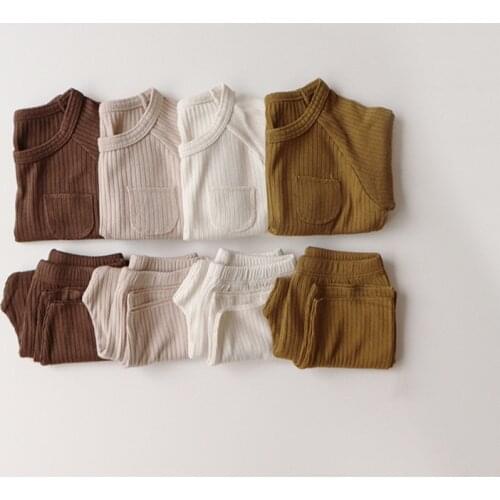 Children Pajamas Boys Ribbed Cotton Clothes Pants Set Pocket Sleepwear Kids Pajamas for Girls Toddler Baby Outfits Child Pyjama