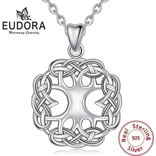 EUDORA 100% Real 925 Sterling Silver Celtic Knot Tree of Life Pendant Necklaces For Women Men Fashion Jewelry Party Gift CYD192