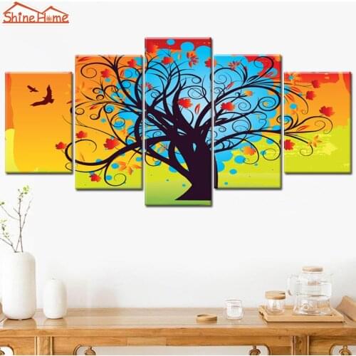 ShineHome-5 Pieces Tree Picture Canvas Printed Wall Painting Printing Abstract Color Draw Picture Artwork Nordic Home Decoration