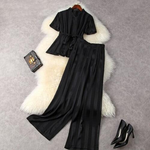 European and American womens wear for summer 2021 Short sleeved v-neck shirt Striped wide-leg pants Fashion suits