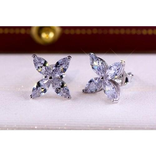 Charm Female Flower Earrring AAAAA Cz Real 925 sterling silver Engagement Wedding Stud Earrings for women Bridal Party Jewelry