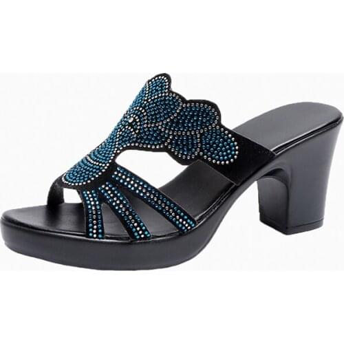 Womens Open Toe Slippers Rhinestone Decor Platform Comfy Thick Heel Faddish Slippers