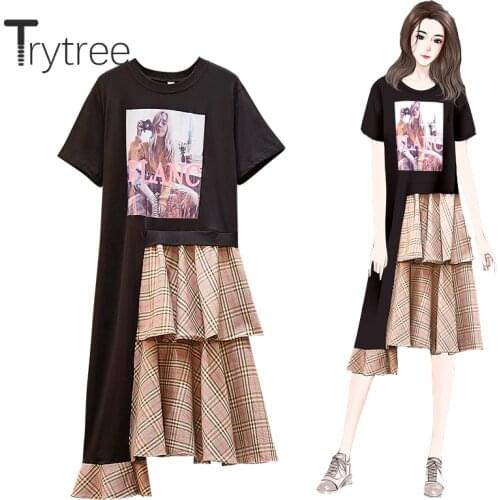 Trytree 2020 Summer Dress Women Casual O-neck Dress Patchwork Plaid Ruffles Irregular Dress Loose Fake two pieces Black Dress