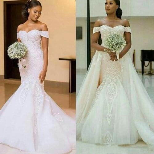 Sweetheart Mermaid Wedding Dress Appliques Lace Off the Shoulder Bridal Gown Sweep Train Plus Sizes Formal robes de mariée 2021