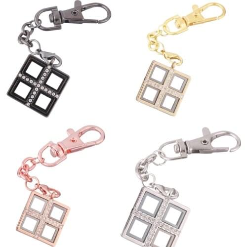 10pcs/lot Four small squares open crystal locket Key Ring twist Memory Living Magnet Glass Keychains Locket for Floating charms